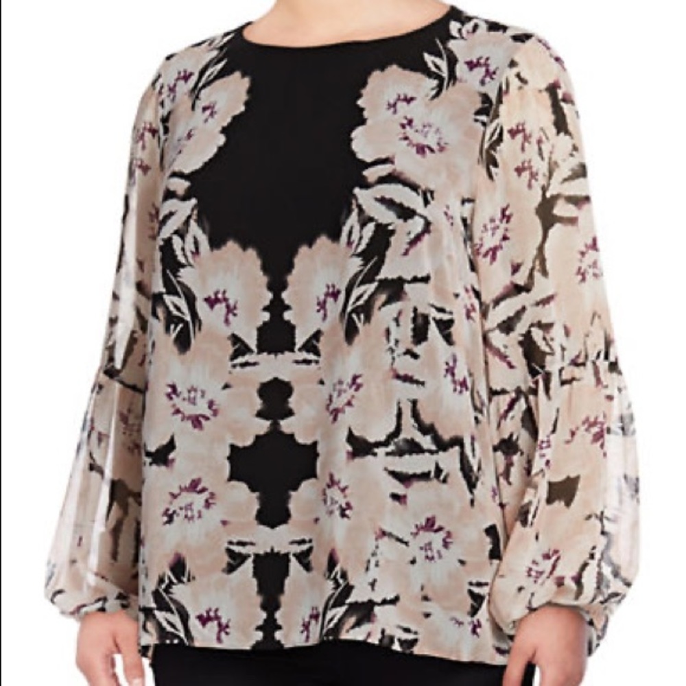 NWT Calvin Klein Plus Bishop Sleeve Floral Tunic in BLUSH/BLACK
